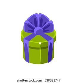 Green Round Gift Box With Present, Decorative Wrapped Cardboard Celebration Giftbox