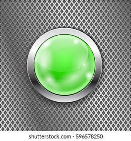 Green round glass button with metal frame on steel perforated background. Diamond shape holes. Vector 3d illustration