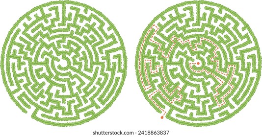 Green round hedge maze vector Illustration. Top view of the open air circular labyrinth made of garden bushes and grass. Education logic game for kids, preschool and school pupils isolated on white.