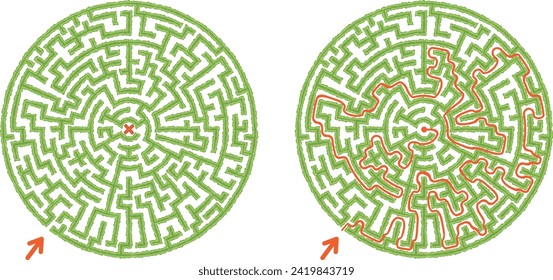 Green round hedge maze vector Illustration. Top view of the open air circular labyrinth made of garden bushes and grass. Find the way to center logic game for family isolated on white