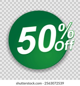 Green round icon with the text “50% off”, for sales, promotions and discounts. Suitable for web pages, banners and marketing graphics. Vector illustration on transparent background.