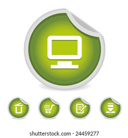 Green round internet icons: monitor, trash, shopping cart, form and download