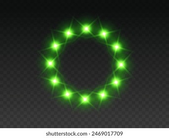 Green round light effect frame, illuminate ring with lamps isolated on transparent background. Magic fantasy portal, teleport. Vector cosmic vibrant circle border. Glowing neon bulbs