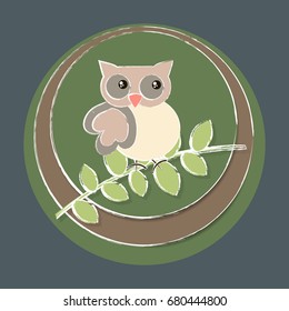 Green round logo, postcard,sticker template with flowers and owl