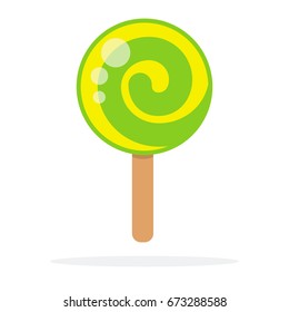 Green round lollipop swirl on stick vector flat material design isolated on white