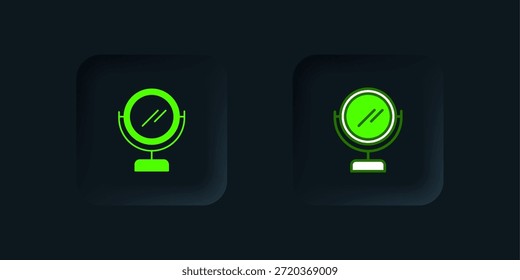 Icono redondo verde del espejo del maquillaje aislado en fondo negro. Botón cuadrado negro. Vector
