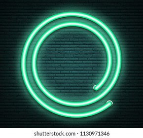 Green round neon luminous signboard on realistic bricklaying wall. Textured background. Vector illustration.
