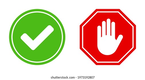 Green Round Ok Checkmark Sign and Red Stop Hand Octagon Icon Set. Vector Image.