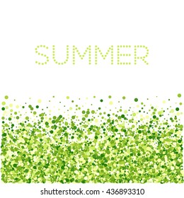 Green round particles on white background with text summer. Confetti circles.