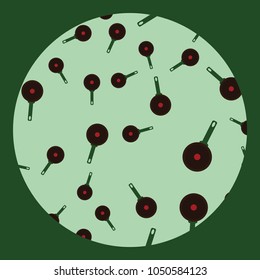 Green round pattern. Cooking dishes. Brown pan with green handle. Vector image 