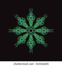 Green round pattern , mandala, pattern on a black background. Arabic, Indian, Oriental style.