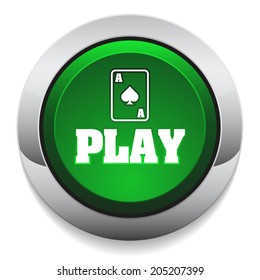 Green round play button with metallic border on white background