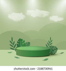 Green round podium with leaves around it for product placement, branding and packaging presentation. Minimal display podium mock-up template for product advertisement with tropical monstera plants. 