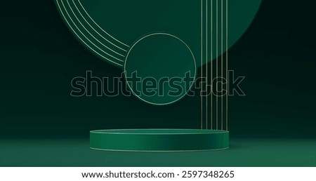 Green round podium stage on abstract emerald background with gold wavy stripes. Minimalist geometric 3d luxury award ceremony or premium product advertising display. Elegant design elements.