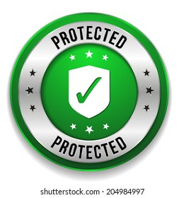 Green round protected button with metallic border on white background