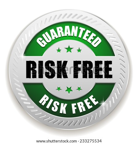 Green round risk free badge with silver border on white background