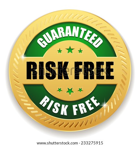 Green round risk free badge with gold border on white background