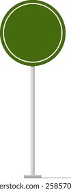 Green round road sign with white frame standing on a metal pole providing space for advertisement or traffic rules, isolated vector illustration