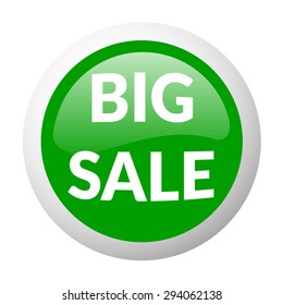 Green round sale button on white background. Volume glass discount button. Green big sale icon. Vector illustration