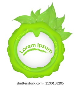 Green round seal with leaves and drops of water and inscription natural product, with stains isolated on white background, label, packing head