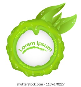 Green round seal with leaves and drops of water and inscription natural product, with stains isolated on white background, label, packing head