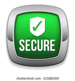 Green round secure button with metallic border on white background