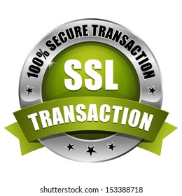 Green round secure transaction button with ribbon.