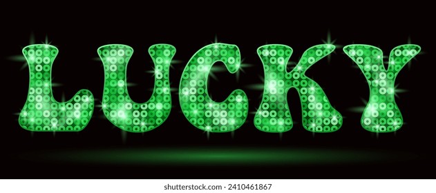 Green round sequins lucky word. Festive glitter illustration St. Patrick's Day