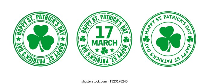 Green round stamp for St. Patricks Day. March 17. Happy St. Patrick's Day. Vector illustration