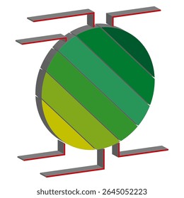 Green round symbol. Vector shape structure. Bold red elements. White contrast background.