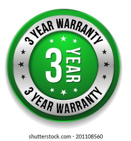 Green round three year warranty badge with metallic border on white background