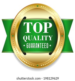Green round top quality badge with ribbon on white background