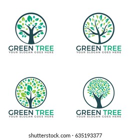 Green round tree set logo vector designs.