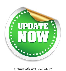 Green round update now sticker with gold peel
