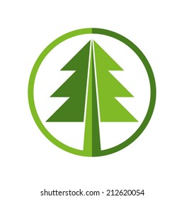 Green round vector Christmas tree icon on white background.