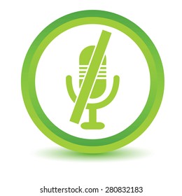 Green round volumetric icon with image of muted microphone, isolated on white