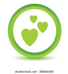 Green round volumetric icon with image of three hearts, isolated on white