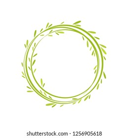 Green round wreath from grass and twigs  isolated on white background. Floral circle garland for greeting cards. Vector illustration. 