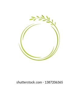 Green round wreath from grass and twigs  isolated on white background. Floral circle garland for greeting cards. Vector illustration. 