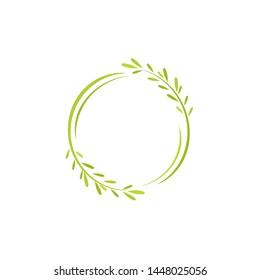 Green round wreath from grass and twigs  isolated on white background. Floral circle garland for greeting cards. Vector illustration. 