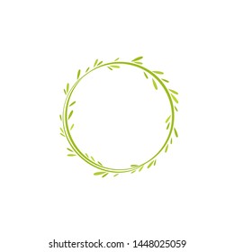 Green round wreath from grass and twigs  isolated on white background. Floral circle garland for greeting cards. Vector illustration. 