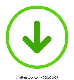 Green rounded arrow down in Green lime circle icon. flat download sign isolated on white. point down button. south sign