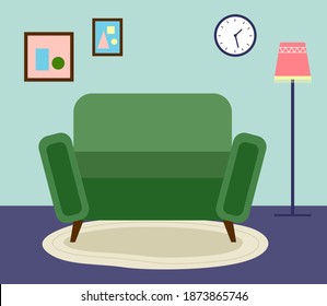 Sofá vintage verde redondeado, alfombra gris ovalada, lámpara colorida en el piso alto, paredes y suelos azules, cuadros y relojes en la pared. El interior de la sala de estar, se queda en casa. Ilustración vectorial plana para web