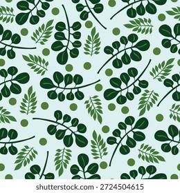 Hojas redondeadas verdes y ramas puntiagudas con lunares verdes tema de la selva sin patrón. Ramas frondosas verdes y patrón de superficie de bosque de lunares. Bueno para azulejos, tela, decoración.