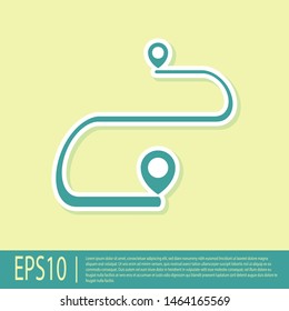 Green Route location icon isolated on yellow background. Map pointer sign. Concept of path or road. GPS navigator.  Vector Illustration