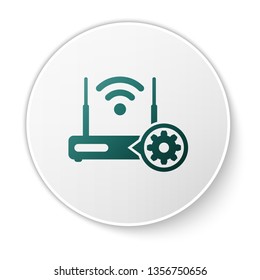 Green Router and wi-fi signal and gear icon isolated on white background. Adjusting app, service concept, setting options, maintenance, repair, fixing. White circle button. Vector Illustration