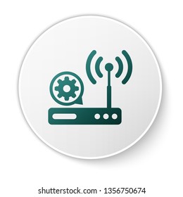 Green Router and wi-fi signal and gear icon isolated on white background. Adjusting app, service concept, setting options, maintenance, repair, fixing. White circle button. Vector Illustration