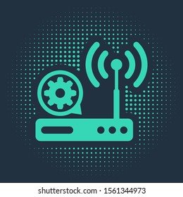 Green Router and wi-fi signal and gear icon isolated on blue background. Adjusting app, service concept, setting options, maintenance, repair, fixing. Abstract circle random dots. Vector Illustration