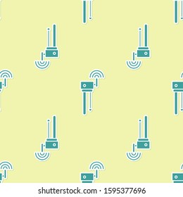 Green Router and wi-fi signal symbol icon isolated seamless pattern on yellow background. Wireless ethernet modem router. Computer technology internet.  Vector Illustration