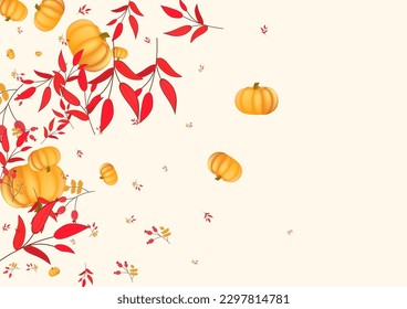 Vector Beige De Fondo Verde Rowan. Vacaciones de calabaza. Plantilla de impresión de Borgoña. Cute Textura. Cosecha de plantas amarillas.